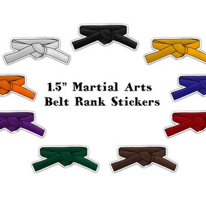 May include: Set of 1.5" martial arts belt rank stickers in various colors, including white, black, yellow, orange, purple, blue, red, green, and brown.