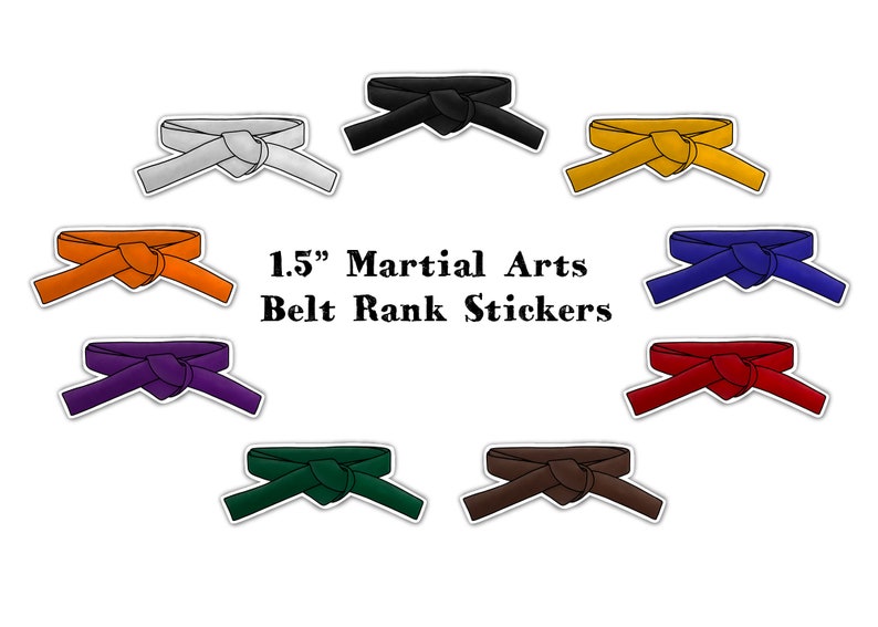 May include: Set of 1.5" martial arts belt rank stickers in various colors, including white, black, yellow, orange, purple, blue, red, green, and brown.