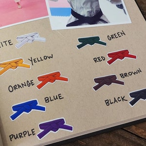 May include: A chart with different colored belts, representing karate belt ranks, with the corresponding color names written next to each belt. The colors are white, yellow, orange, blue, purple, green, red, brown, and black.