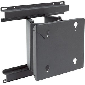 May include: A black TV wall mount, designed for flat-screen televisions. The mount has a robust, rectangular construction with multiple fixing points and adjustable arms. It allows for tilting and swiveling, offering flexible viewing angles for the user.