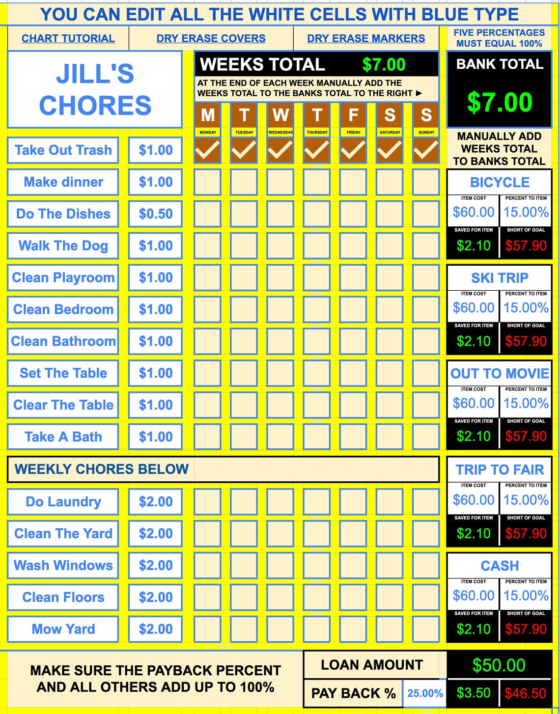 Chore Chart for Kids. Printable Interactive and Editable. - Etsy Canada