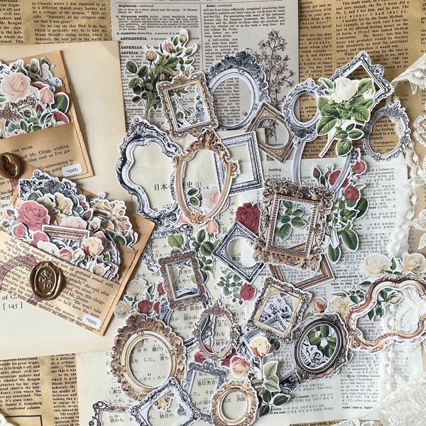 Ephemera pocket - Antique frames & Roses | +40 pieces | journaling | junk journal | planner | snail mail | scrapbooking | cut outs