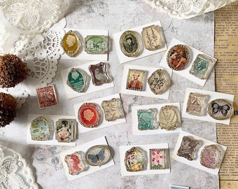 Self-adhesive wax seals | Vintage frame with postal stamp | random set of 2 | golden powder on | clear | journaling | ephemera | sealing wax