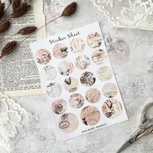 Hoja de calcomanías: páginas con manchas de café / blanco mate / círculos y ojales / diario / escritura / scrapbooking / efímera