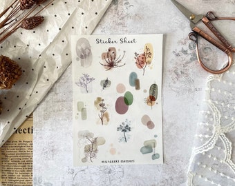 Könnte beinhalten: Ein Stickerbogen mit einem Aquarelldesign in verschiedenen Brauntönen, Grün- und Rosatönen. Der Bogen enthält abstrakte Formen und florale Illustrationen. Der Text "Sticker Sheet" und "murasaki memori" ist auf dem Bogen gedruckt.