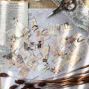 Znaczek pocztowy wykrojnik - strona z plamami kawy | losowy mix 10 sztuk | dziennikarstwo | planer | scrapbooking | efemeryda | dziennik śmieciowy