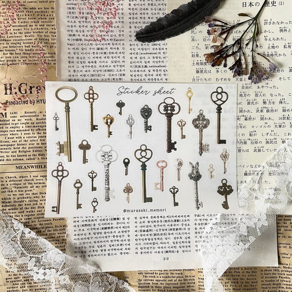 Sticker sheet - Antique keys | frosty clear | journaling | planner | scrapbooking | ephemera | Junk journal | snail mail