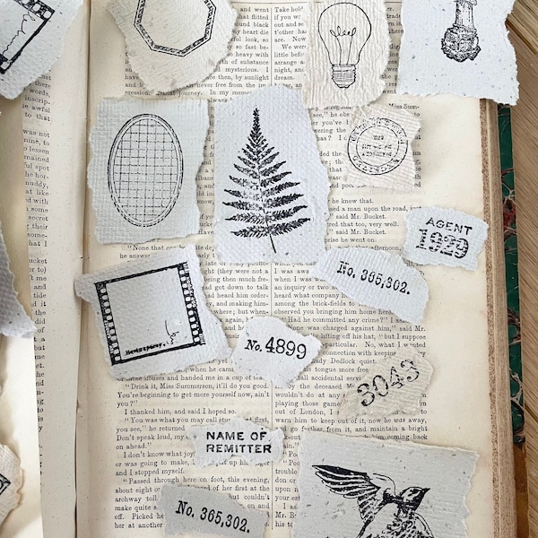 Stamped handmade paper ephemera | 20 pieces | scrapbooking | junk journal | mixed media | journaling | vintage | upcycled