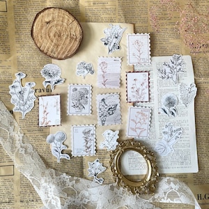 Ephemera Set - Vintage Blumen & Briefmarken | 19 Stück | Journaling | Junk Journal | Planer | Briefchen | Einklebeband | Ausschnitte