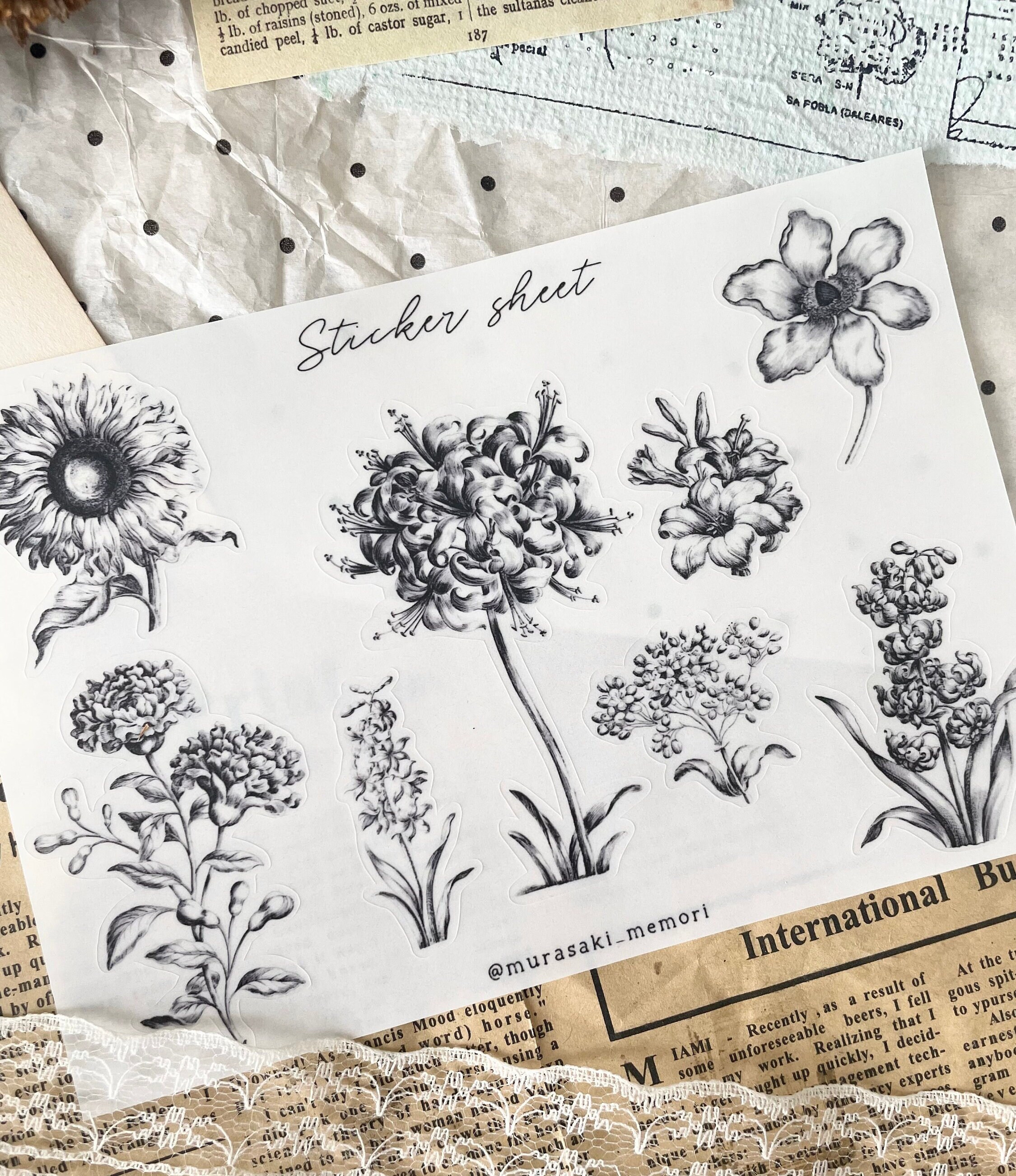 Sticker Sheet - Black and White Flowers | Frosty Clear | Journaling ...