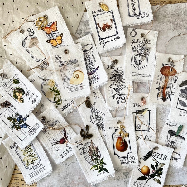 Handmade stitched fabric tag | vintage illustration | stamped | journaling | Junk journal | art journal | paper craft | ephemera