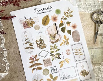 May include: Printable sheet of stickers featuring botanical illustrations of leaves, flowers, and branches. The stickers are in shades of brown, green, and white. The text "Printable Murasaki memori" is at the top of the sheet. The text "Hello" and "memory to keep" are also included on the sheet.