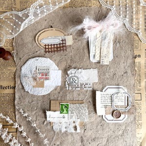 Conjunto de cluster costurado - VOL.3 | 6 peças | diário | diário de lixo | diário de arte | cartão de diário | flor seca | rendas | enfeite
