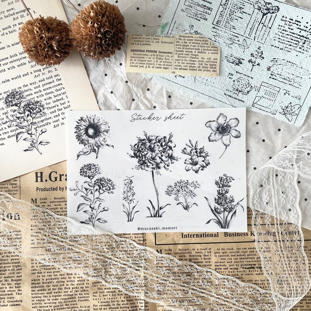 Sticker Sheet - Black and White Flowers | Frosty Clear | Journaling ...