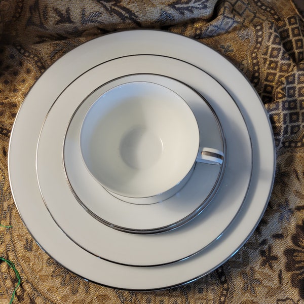 Noritake Derry Porcelain China - White, Platinum Verge & Trim, Rim- Elegant Dinnerware, Timeless Classic