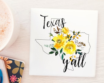 Yellow Rose of Texas Y&#39;all 4x4 inch Marble Coaster