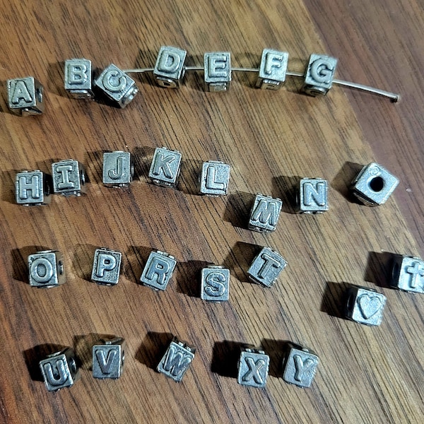 Alphabet Letter Pewter Beads, Square Letter Beads, Antiqued Pewter Letter Beads, 8mm Alphabet Letter Beads, Name Beads, ABC Letter Beads