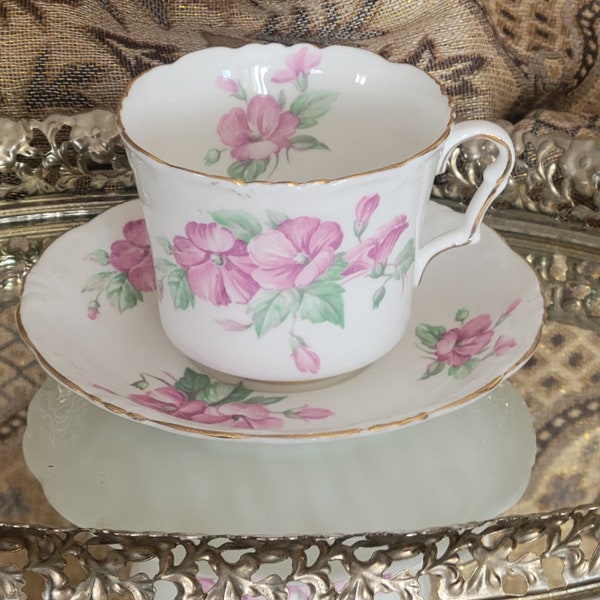 Myott Staffordshire Teacup and Saucer Pink Flowers, Embossed Rim, Gold Verge