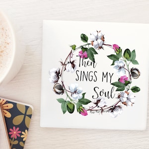 Then Sings My Soul Hymn Cotton Ball Wreath Marble Coaster