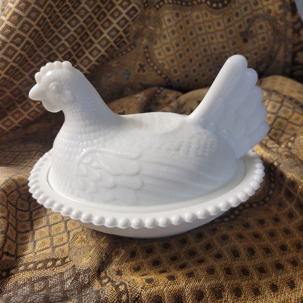 Indiana Milk Glass Chicken on Basket Dish Hen on Nest Beautiful Mint