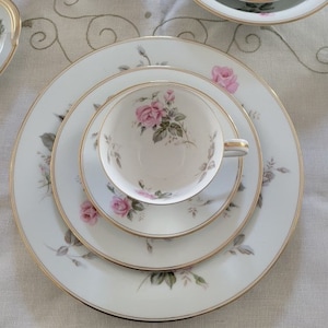 Noritake Rosa Porcelain China - Pink Roses, Buds, Taupe Leaves, Gold Accents - Elegant Dinnerware