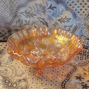 Imperial Carnival Glass Iridescent Orange Rose Fluted Ruffled Bowl Tri-foot