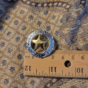 May include: A silver and gold metal star charm with a decorative border. The charm is approximately 1 inch in diameter.