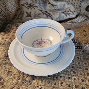 STB276 by Steubenville Monticello China with Floral Ribbon Flourish Teacup, Saucer, Salad Plate
