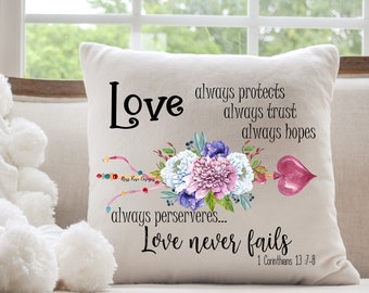 Love Always Protects, Trusts, Hopes Floral Arrows Throw Pillow 20 x 20 inches Cotton Duck Cover Corinthians 13-7