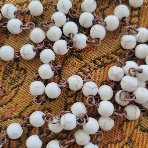 White Howlite Rosary Chain, Copper links, 5mm round stone beads 12" lengths