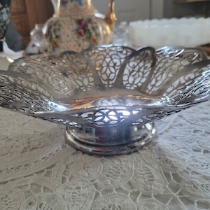 Loveless Lace Reticulated Silver Footed Basket Candy Bowl Vintage