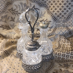 Crystal and Silver Cruet Set 7&quot; x 5&quot; Ball Claw Footed Reticulated Base