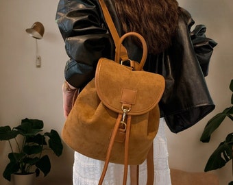 Boho Vegan Suede Drawstring Backpack, Soft Faux Suede Purse, Vegan Rucksack For Her