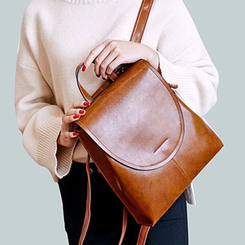 Genuine Leather Backpack Convertible Shoulder Bag Womens Etsy
