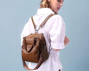 Retro Vegan Leather Convertible Backpack, Leather Shoulder Bag, Womens Purse, Student Backpack