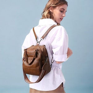 Retro Vegan Leather Convertible Backpack, Leather Shoulder Bag, Womens Purse, Student Backpack