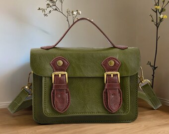 Retro Vegan Satchel, Women's Vintage Leather Purse, Crossbody Bag