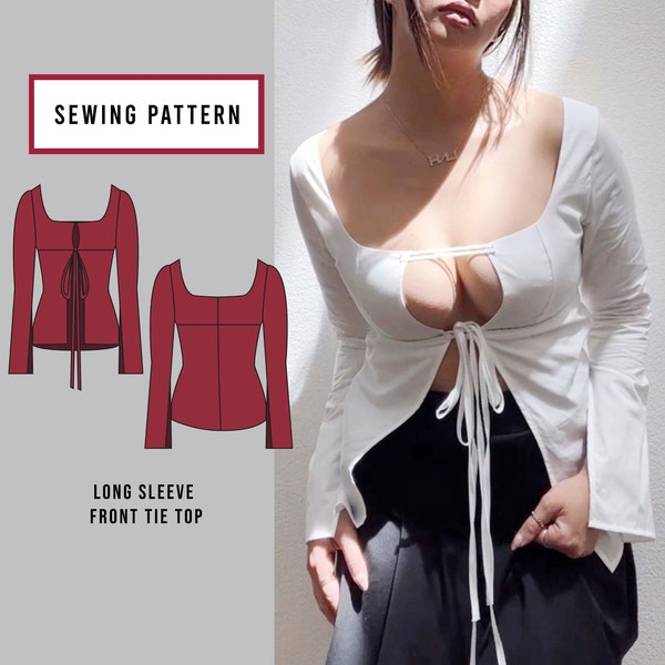 Front Tie Top Pattern | INSTANT DOWNLOAD | PDF Sewing Pattern | Printable Pattern | Diy Womens Blouse | Keyhole Shirt | Long Sleeve Shirt