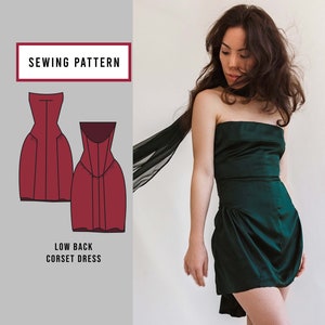 May include: Sewing pattern for a low back corset dress. The pattern shows the front and back views of the dress. The dress is a fitted style with a low back and a cinched waist. The pattern is labelled "Sewing Pattern" and "Low Back Corset Dress".