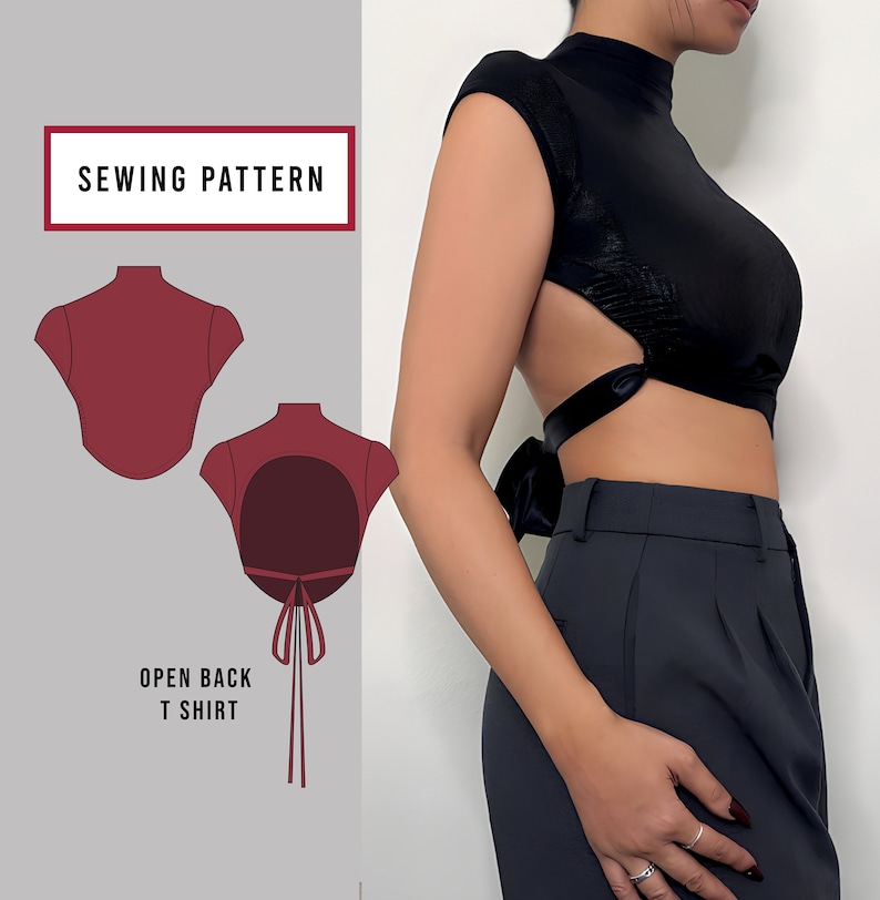 May include: Sewing pattern for an open back t-shirt. The pattern is shown in red on a white background. The text "Sewing Pattern" is in a black box at the top of the image. The text "Open Back T Shirt" is below the pattern.
