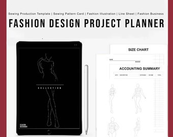 May include: A black and white digital planner template for fashion designers. The template includes a size chart, accounting summary, and fashion illustration figures. The text "FASHION DESIGN PROJECT PLANNER" is at the top of the page.
