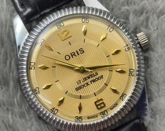 Reloj suizo ORIS vintage para hombre, esfera dorada, cuerda manual