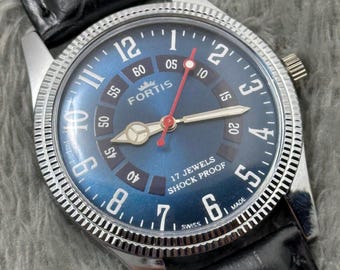 Seltene Vintage Fortis blaues Zifferblatt Handaufzug FKW Uhrwerk ST-96 Schweizer Herren Armbanduhr