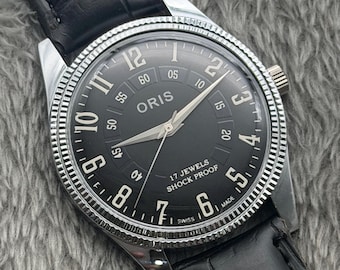 Rare Vintage ORIS Black Dial Hand Winding FHF Movement ST-96 Swiss Mens Wrist Watch