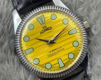 Seltene Vintage Roamer gelbes Zifferblatt Handaufzug FKW Uhrwerk ST-96 Schweizer Herren Armbanduhr