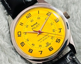 Vintage HMT pilot yellow Dial Hand Winding Men's Watch Movement 17 jewels