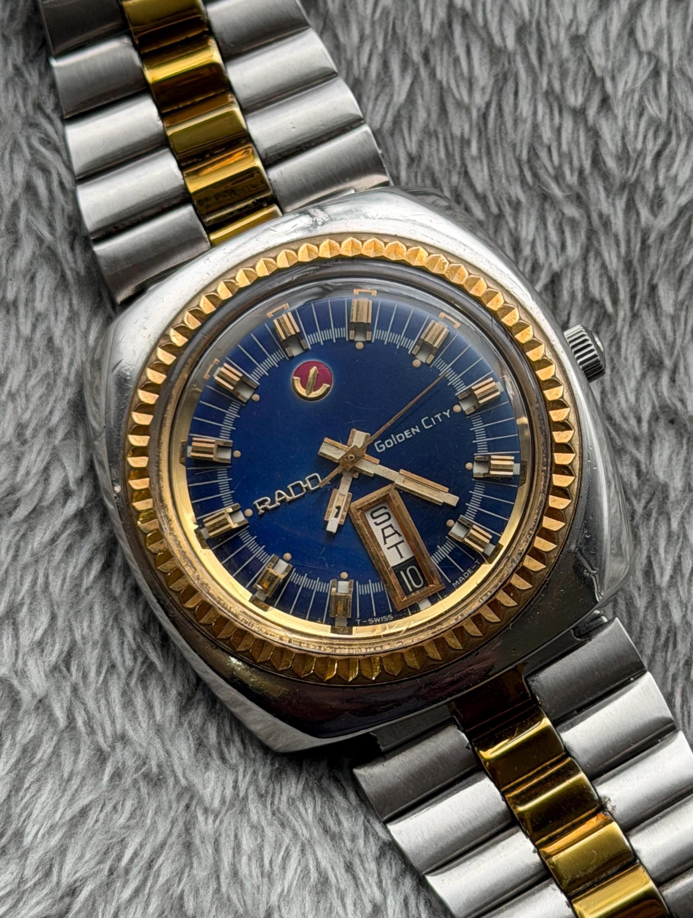 Very Rare 1970s Vintage Rado Golden City Blue Dial Automatic Watch 