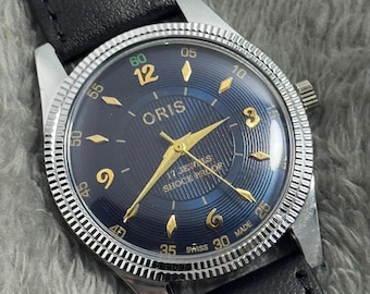 Rare Vintage ORIS Blue Dial Hand Winding FHF Movement ST-96 Swiss Mens Wrist Watch