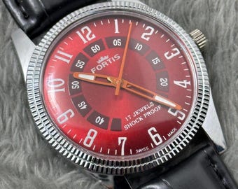 Vintage Fortis Schweizer Uhr, rotes Zifferblatt, Handaufzug (1980er Jahre) ST96 Uhrwerk