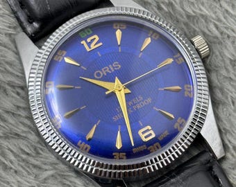 Rare Vintage ORIS Blue Dial Hand Winding FHF Movement ST-96 Swiss Mens Wrist Watch